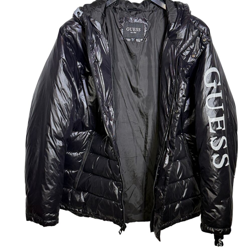 Guess Men's LOGO arm Hooded Puffer Coat - Black Xlarge $225 - Picture 3 of 9